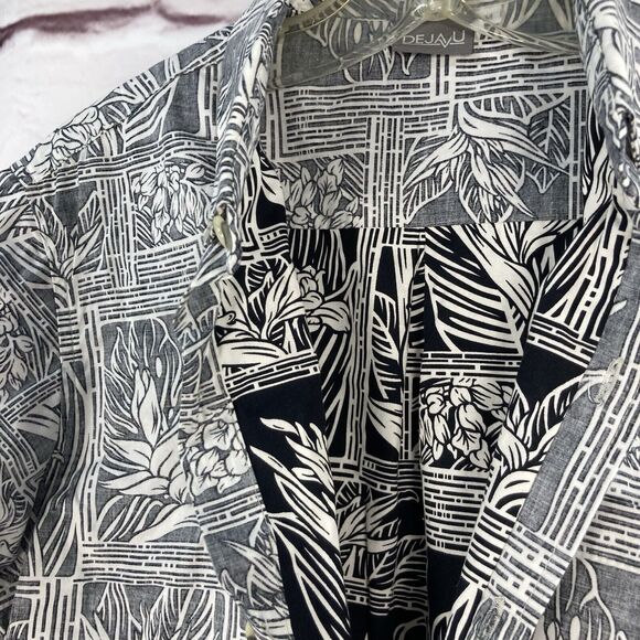 DejaVu Mens Shirt SZ M Hawaiian Short Sleeve Cotton Black White Floral Cotton - Picture 8 of 12